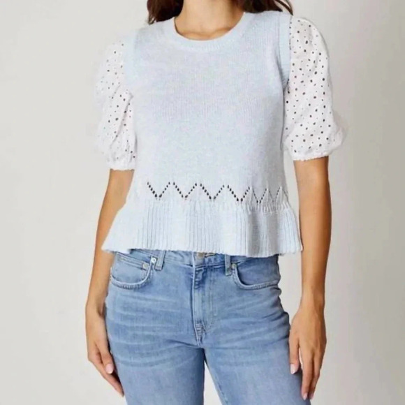 Stylish 2fer blouse & vest look with eyelet puff sleeves lavender Soft cotton M - Picture 7 of 10